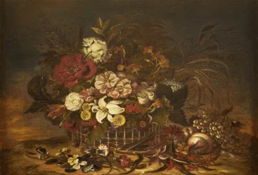 Blumen in einem Korb mit Früchten